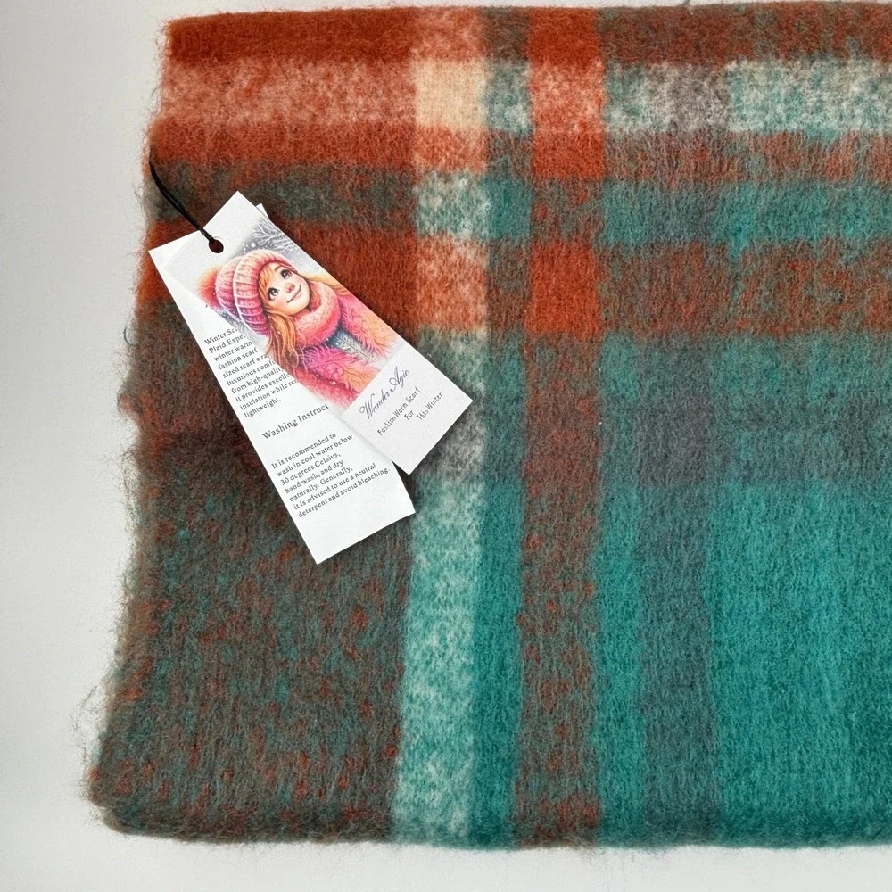 NWT Wander‎ Agio Colorful Plaid Winter Scarf Rust Teal 84
